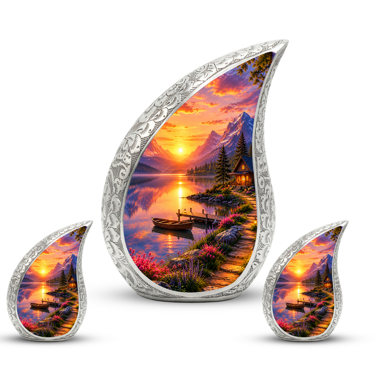 Sunset Lake Cremation Urn for Adult Ashes, Mountain Landscape Memorial Urn