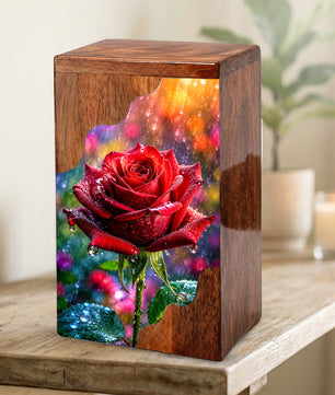 Red Rose Wooden Cremation Urn – Wooden Urn for Human Ashes