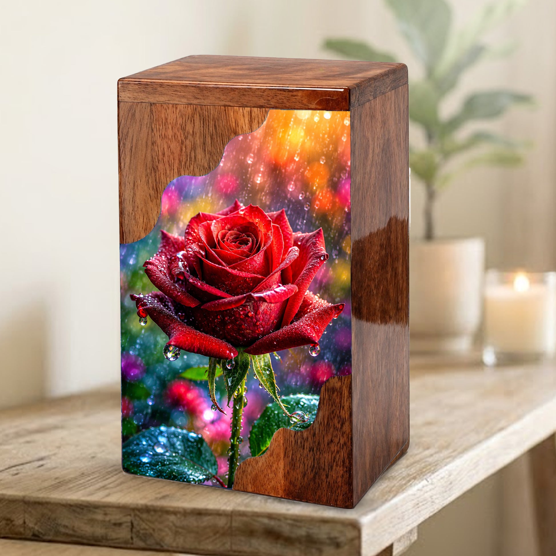 Red Rose Wooden Cremation Urn – Wooden Urn for Human Ashes