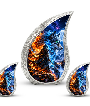 Wolf Warrior Urn for Human Ashes, Adult Cremation Urn with Blue and Fiery Wolf Artwork