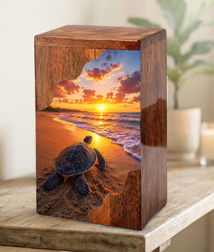 Sea Turtle Sunset Wooden Cremation Urn – Adult Wooden Urn for Human Ashes | Beach Memorial Urn