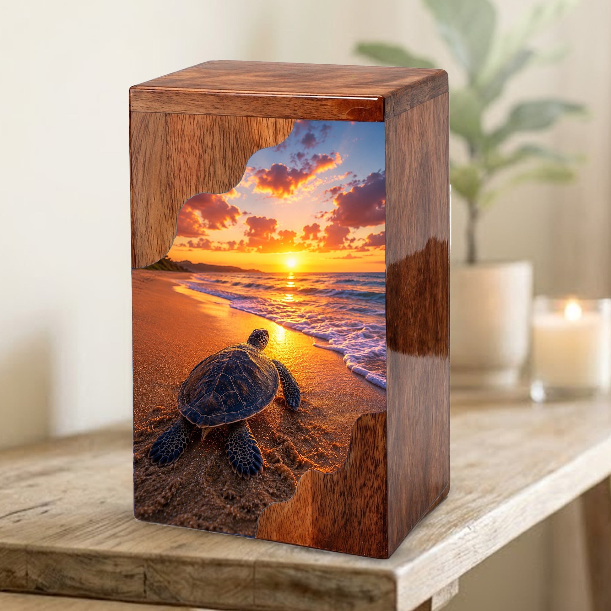 Sea Turtle Sunset Wooden Cremation Urn – Adult Wooden Urn for Human Ashes | Beach Memorial Urn