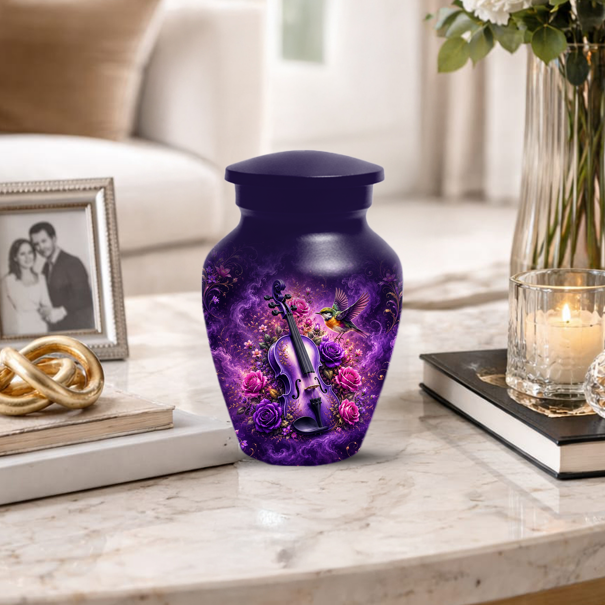Purple Violin Hummingbird Cremation Urn for Human Ashes, Personalized Memorial Urn for Mom