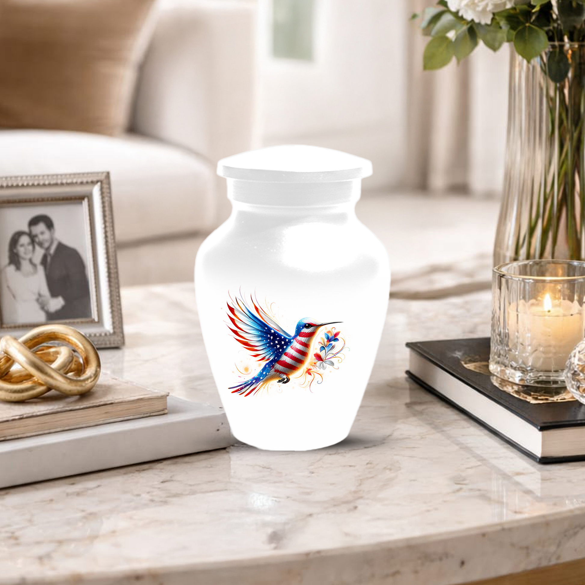 Patriotic Hummingbird Urn for Ashes, American Flag Cremation Urn