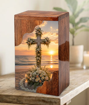 Wooden Cremation Urn for Human Ashes, Christian Urn