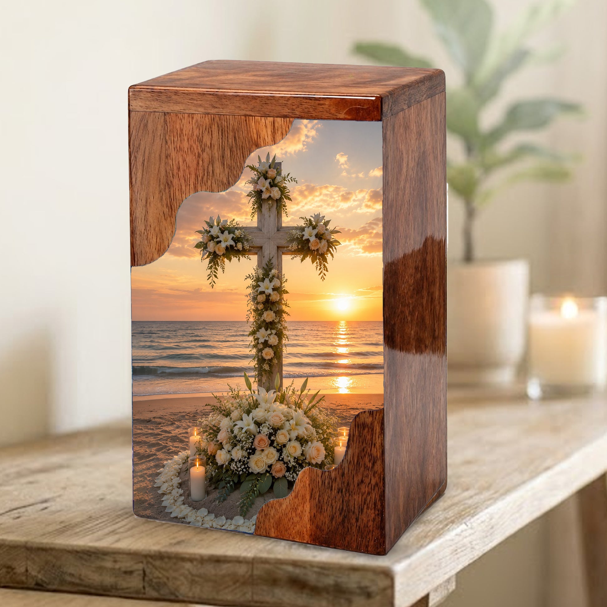Wooden Cremation Urn for Human Ashes, Christian Urn
