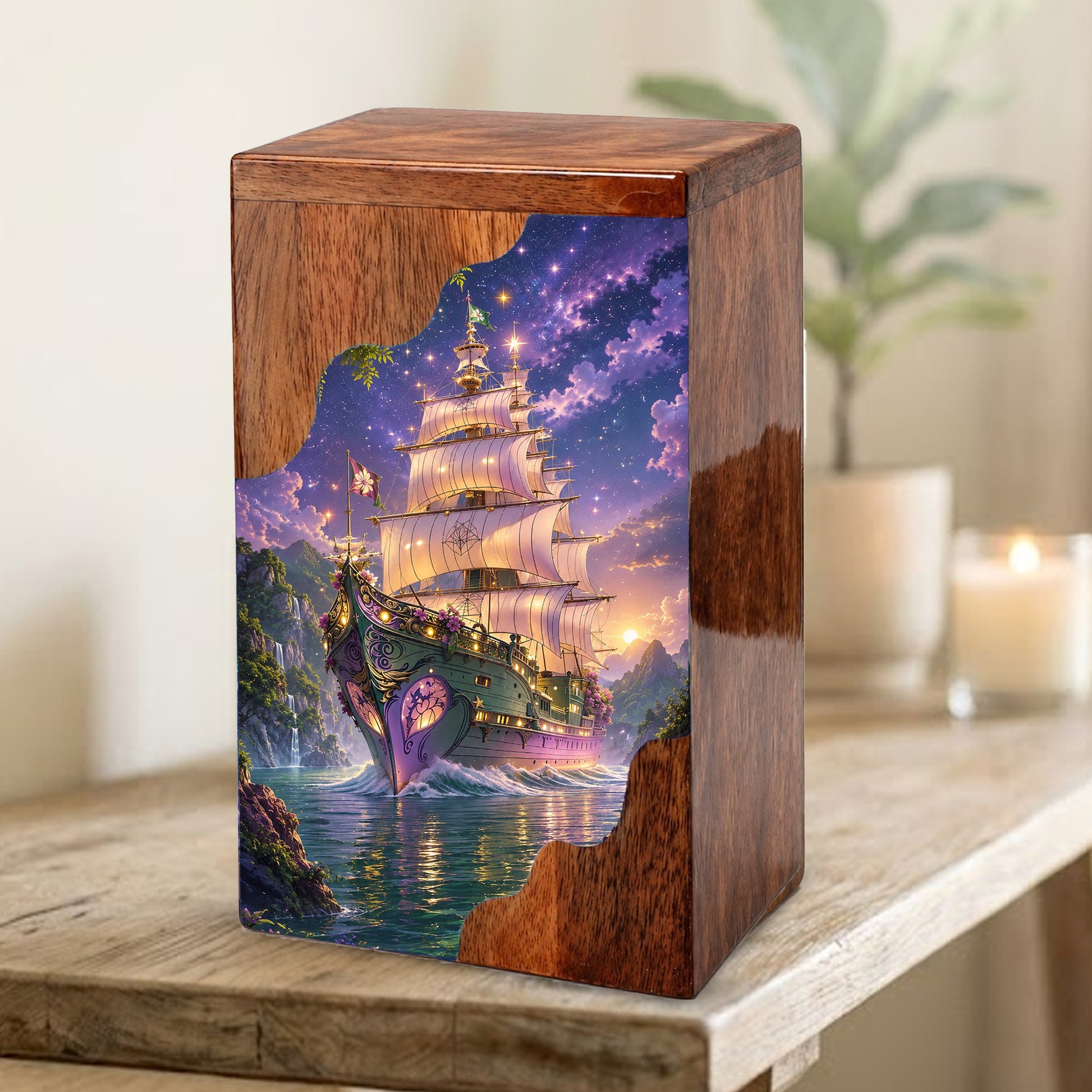 Wooden Cremation Urn for Human Ashes, Sailing Ship Memorial Urn, Adult Cremation Urn
