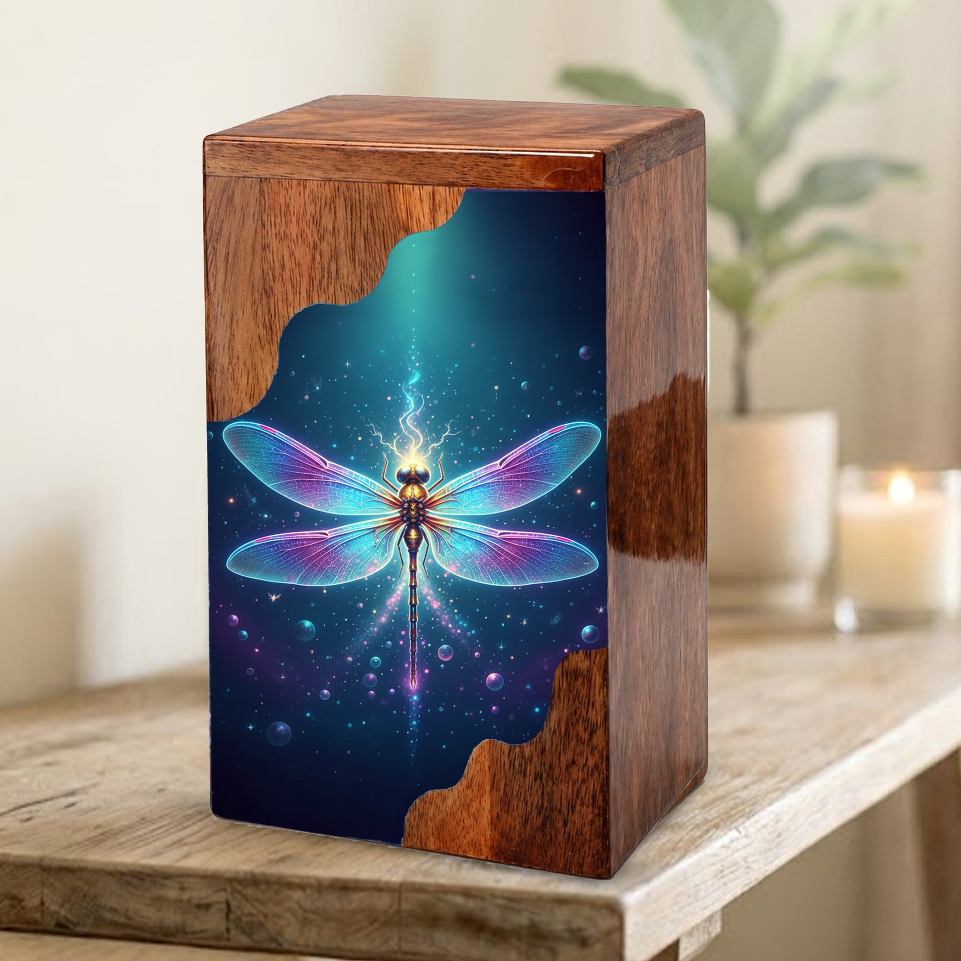 Dragonfly Wooden Cremation Urn – Radiant Butterfly Inspired Memorial Wooden Urn for Human Ashes