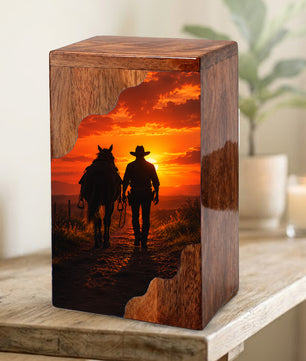 Cowboy Wooden Cremation Urn – Sunset Horse Memorial Urn for Human Ashes | Rustic Tribute Urn for Dad