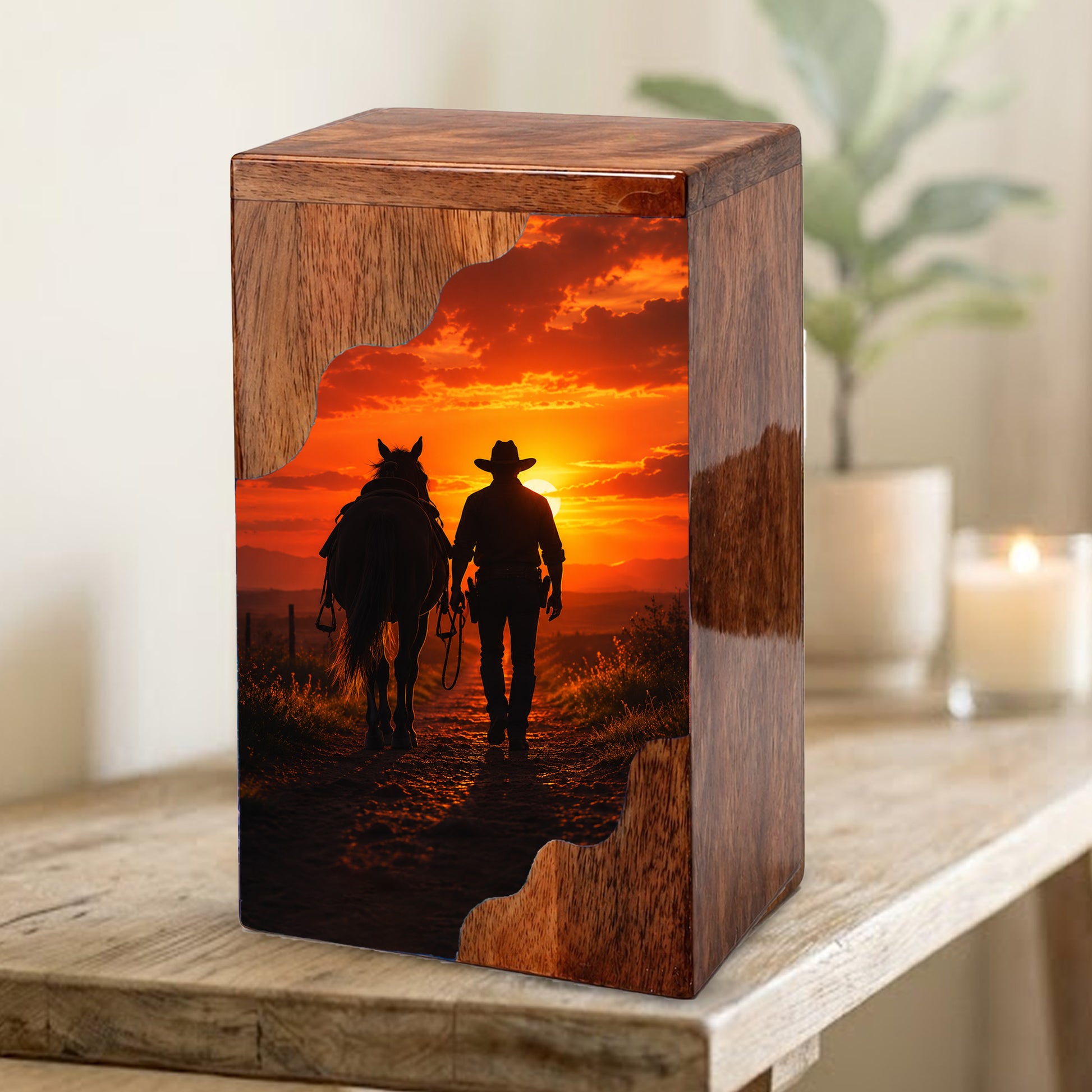 Cowboy Wooden Cremation Urn – Sunset Horse Memorial Urn for Human Ashes | Rustic Tribute Urn for Dad