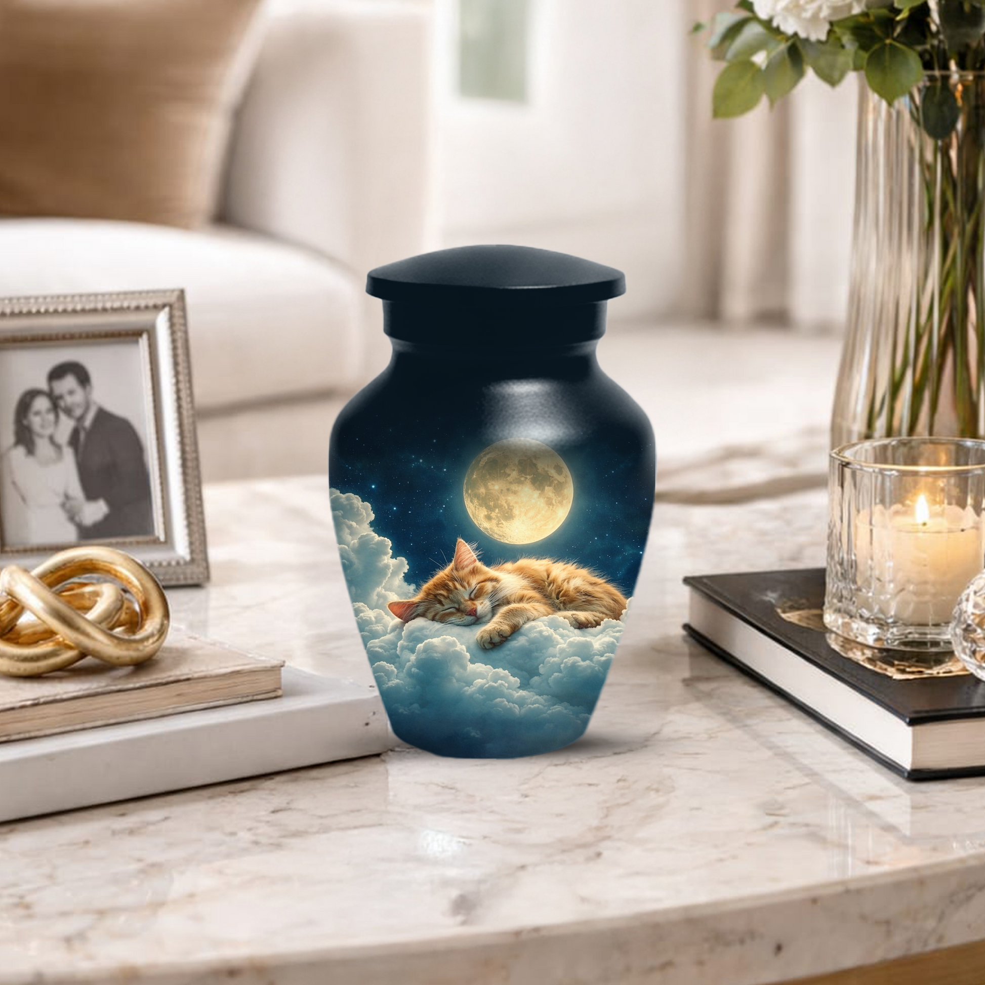 Cat Memorial Urn for Mom | Moon Cat Cremation  Large Urn for Ashes- Funeral Keepsake Urn