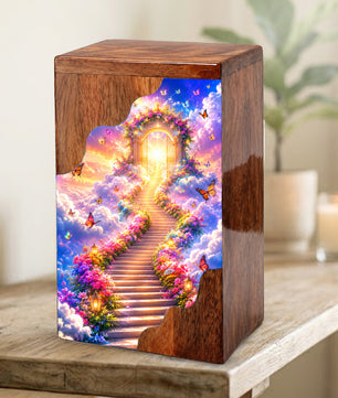 Heavenly Garden Gate Wooden Cremation Urn – Personalized Memorial Urn for Human Ashes