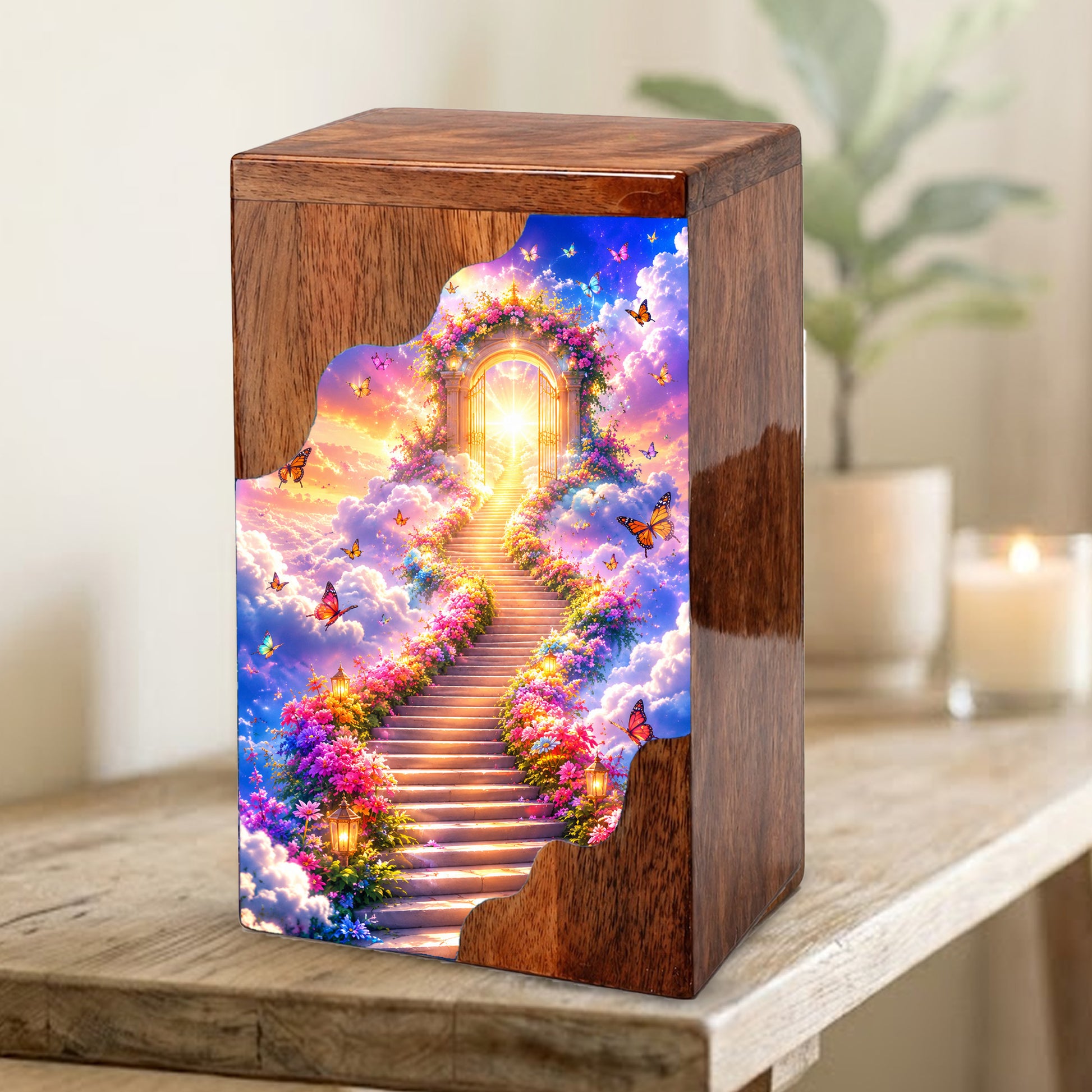 Heavenly Garden Gate Wooden Cremation Urn – Personalized Memorial Urn for Human Ashes