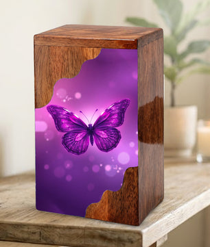 Purple Butterfly Wooden Cremation Urn – Elegant Butterfly Memorial Wooden Urn for Human Ashes
