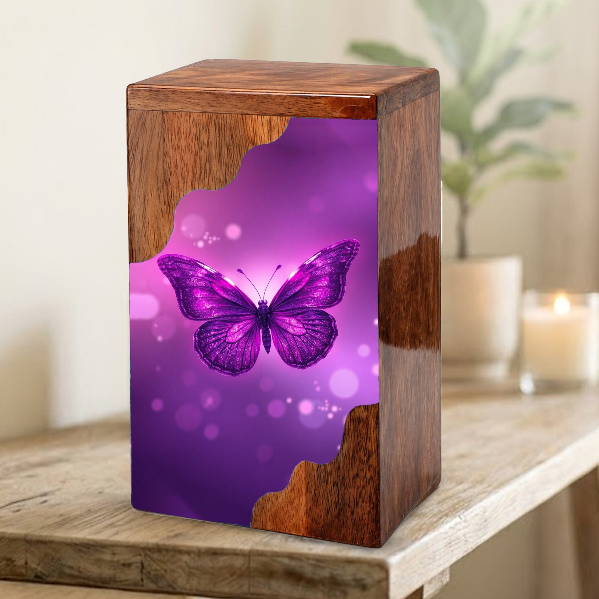 Purple Butterfly Wooden Cremation Urn – Elegant Butterfly Memorial Wooden Urn for Human Ashes