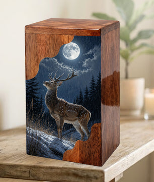 Deer Wooden Cremation Urn – Moonlit Forest Memorial Urn