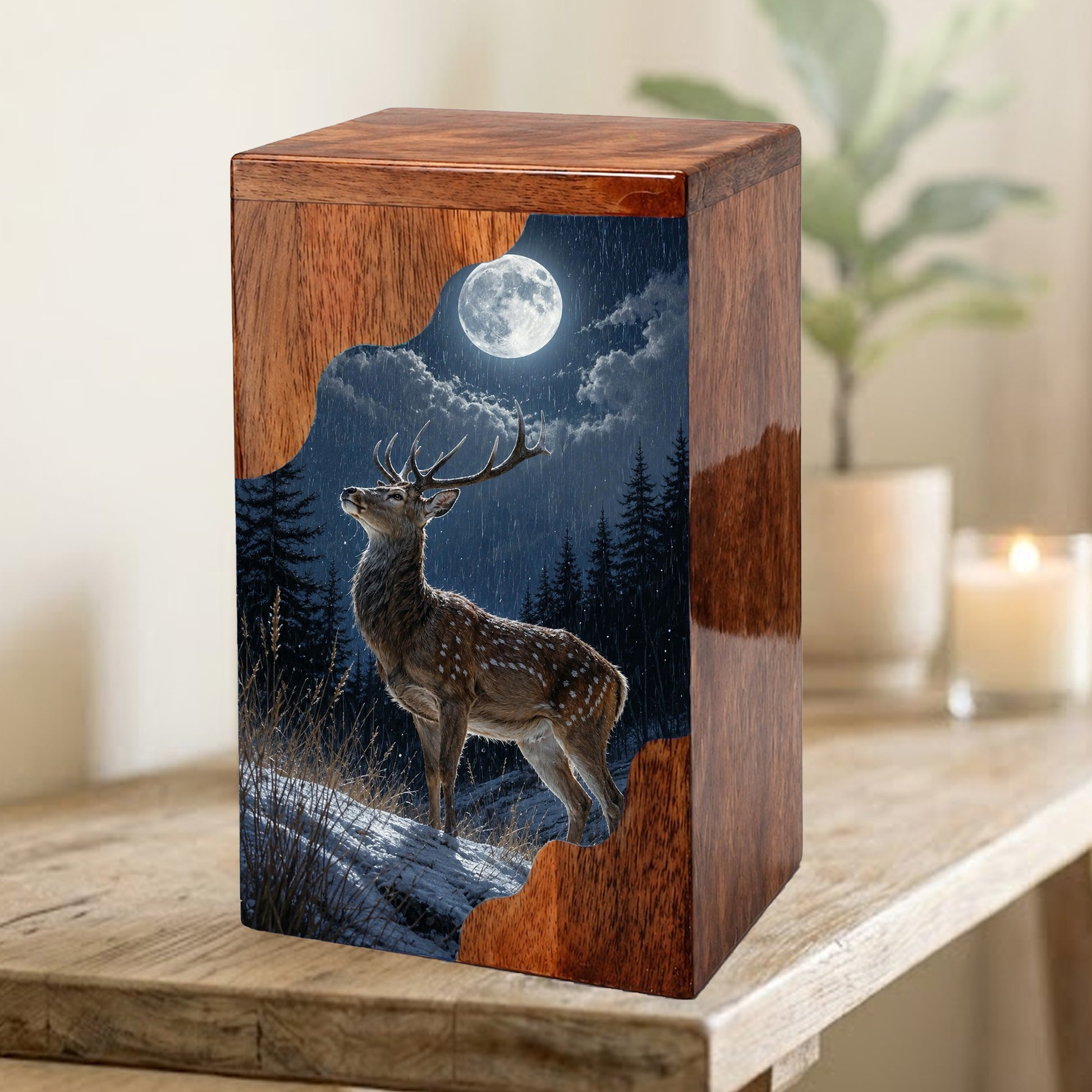 Deer Wooden Cremation Urn – Moonlit Forest Memorial Urn