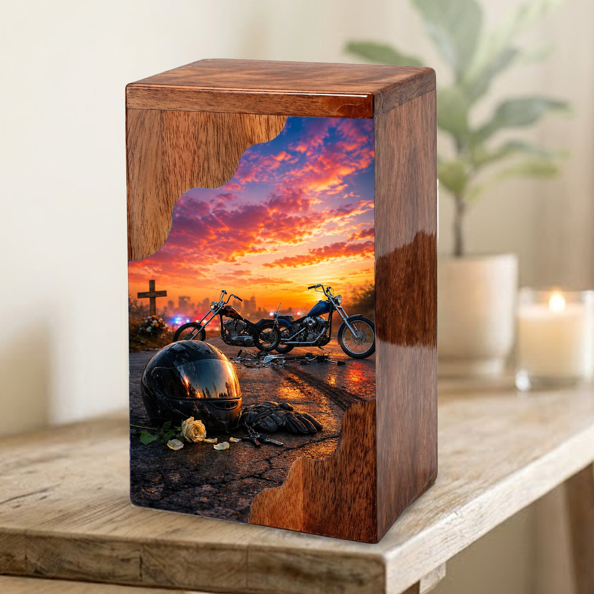 Motorcycle Memorial Wooden Cremation Urn – Wooden Urn for Human Ashes
