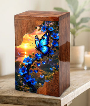 Blue Butterfly Wooden Cremation Urn – Floral Memorial Urn for Human Ashes