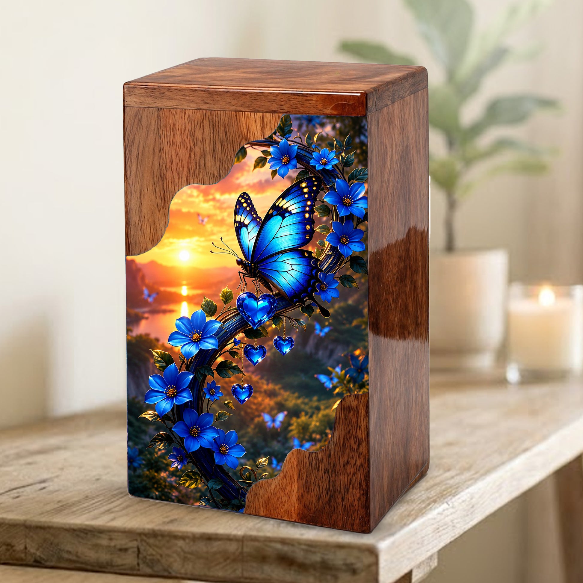 Blue Butterfly Wooden Cremation Urn – Floral Memorial Urn for Human Ashes