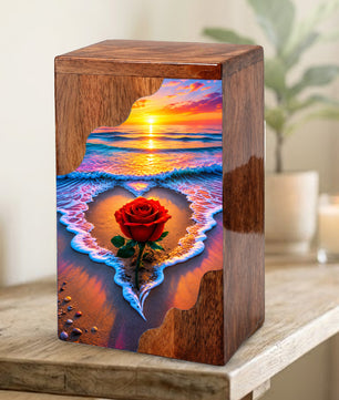 Rose Beach Wooden Cremation Urn – Sunset Ocean Memorial Urn for Human Ashes