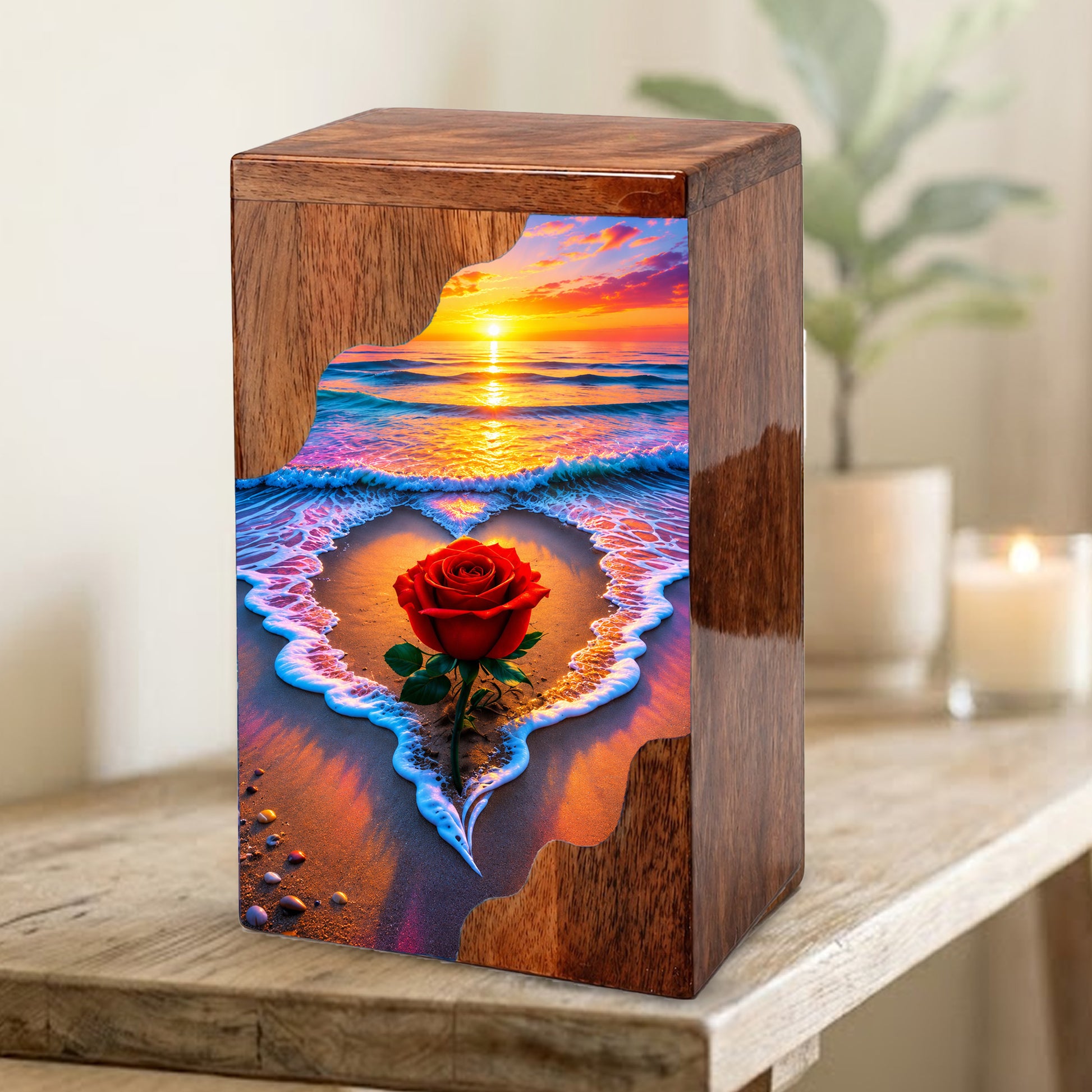 Rose Beach Wooden Cremation Urn – Sunset Ocean Memorial Urn for Human Ashes
