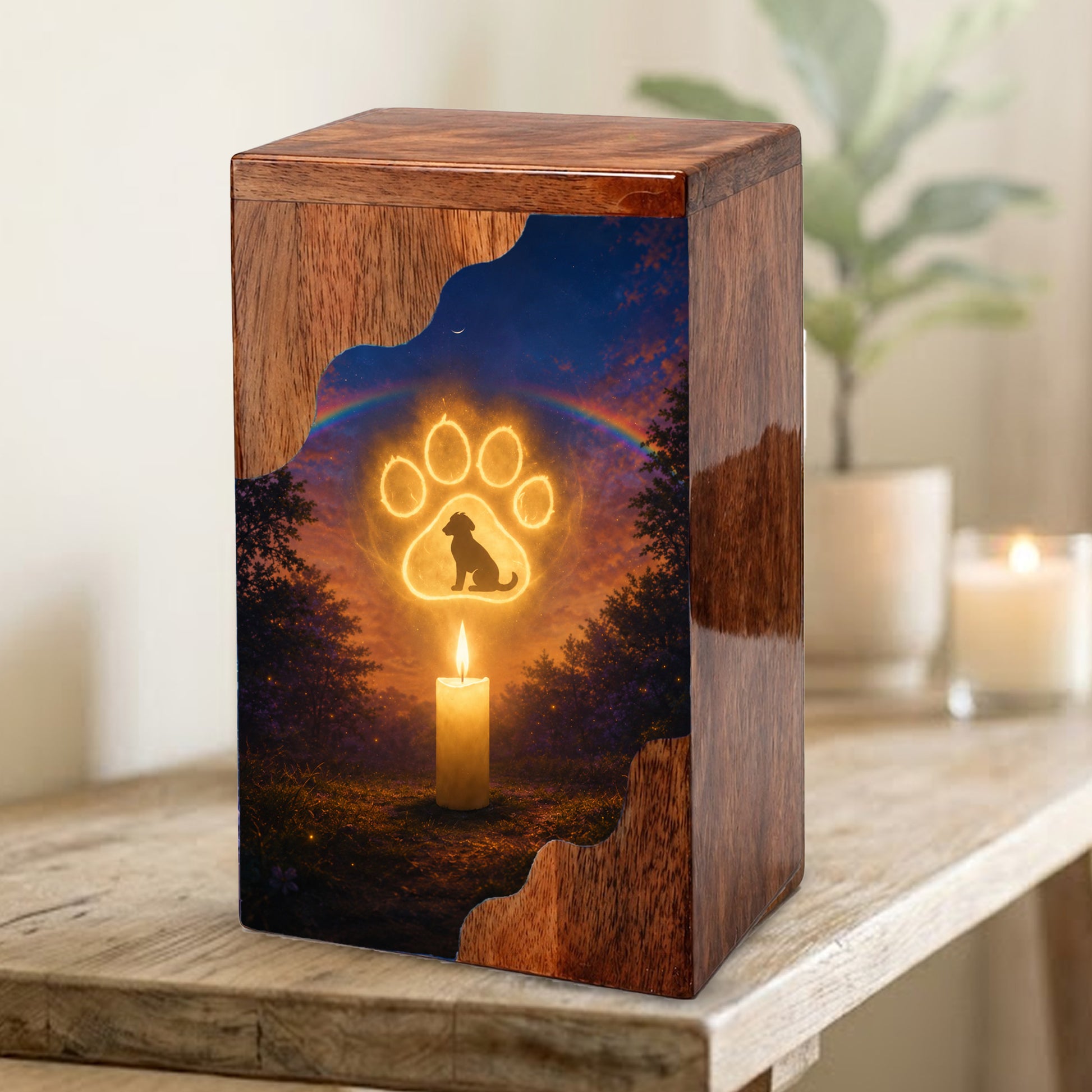 Personalized Dog Urn for Ashes, Rainbow Bridge Wooden Cremation Urn