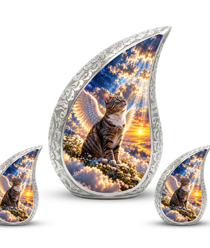 Angel Cat Cremation Urn for Ashes, Winged Cat Memorial Urn, Adult Aluminum Urn
