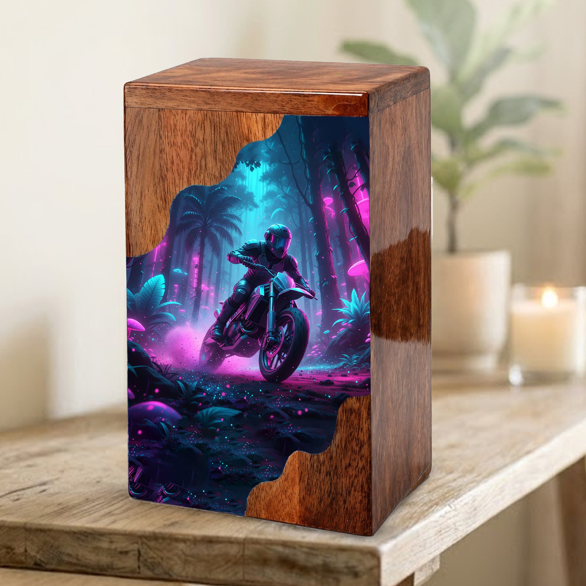 Personalized Wooden Cremation Urn – Adventure Motorcycle Memorial Urn
