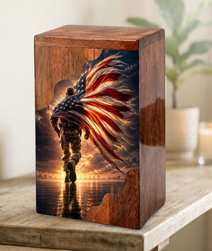Military Wooden Cremation Urn – Patriotic Memorial Urn for Human Ashes