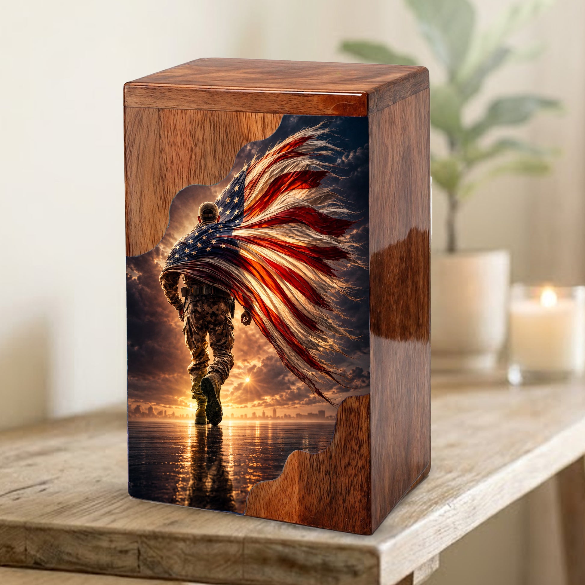 Military Wooden Cremation Urn – Patriotic Memorial Urn for Human Ashes