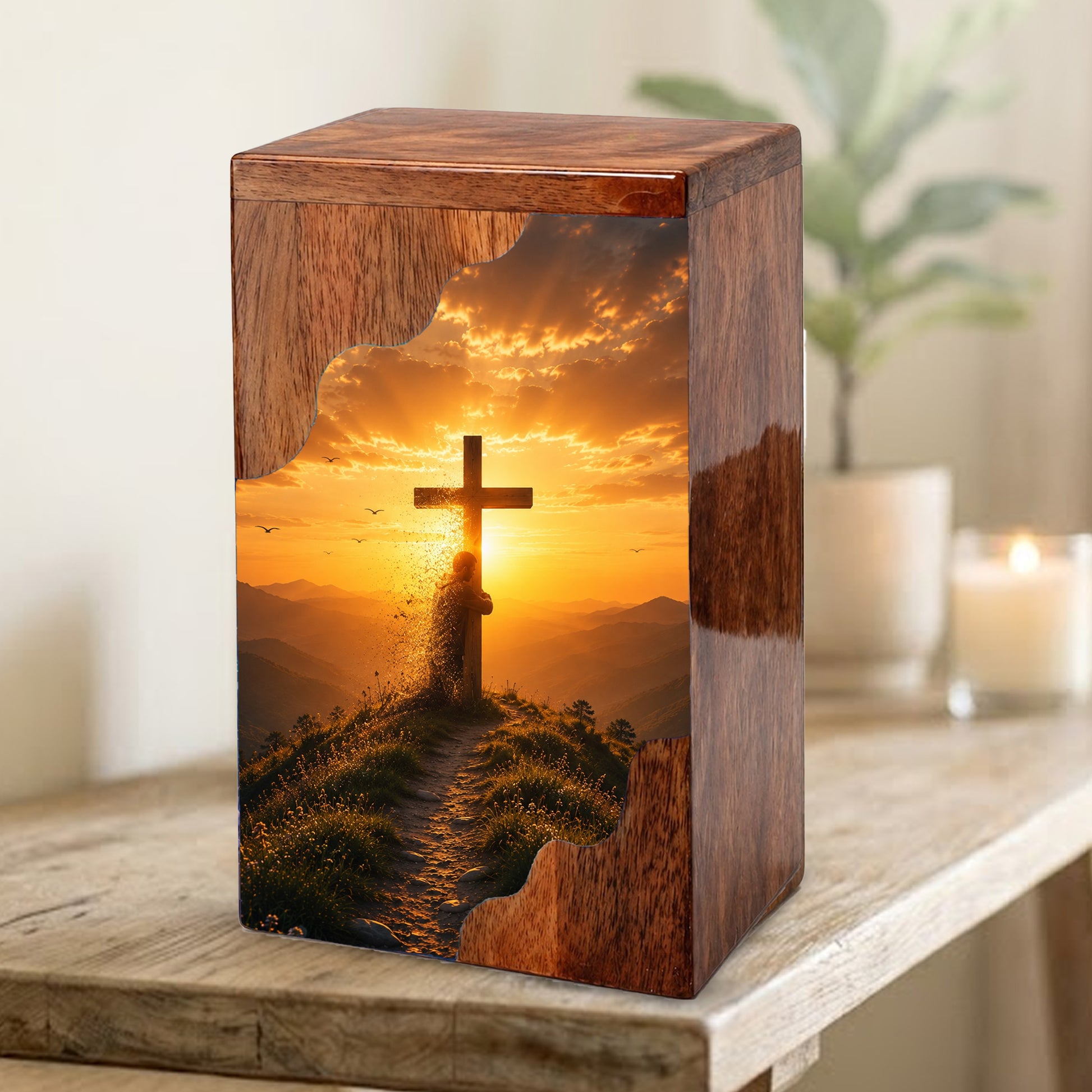 Christian Cross Wooden Cremation Urn – Personalized Memorial Urn for Human Ashes
