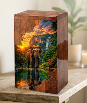 Elephant Wooden Cremation Urn – Waterfall Memorial Urn for Human Ashes