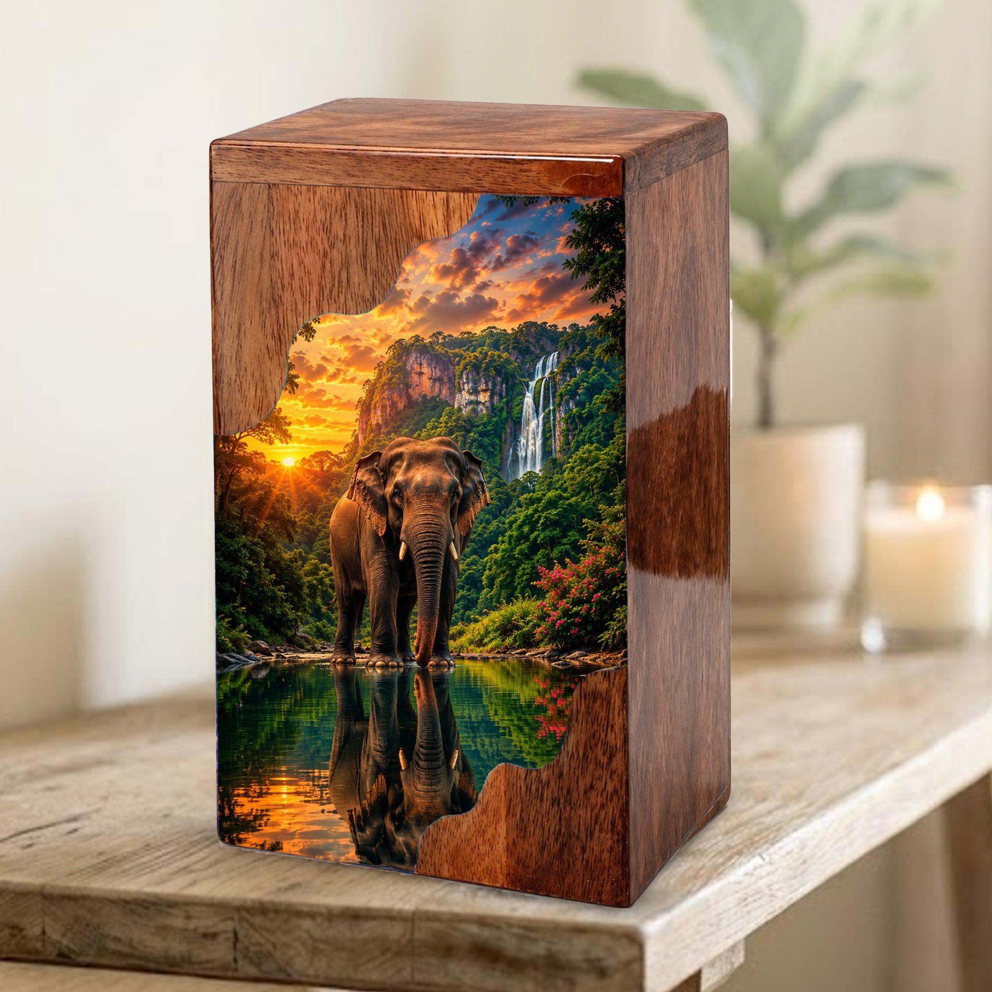 Elephant Wooden Cremation Urn – Waterfall Memorial Urn for Human Ashes