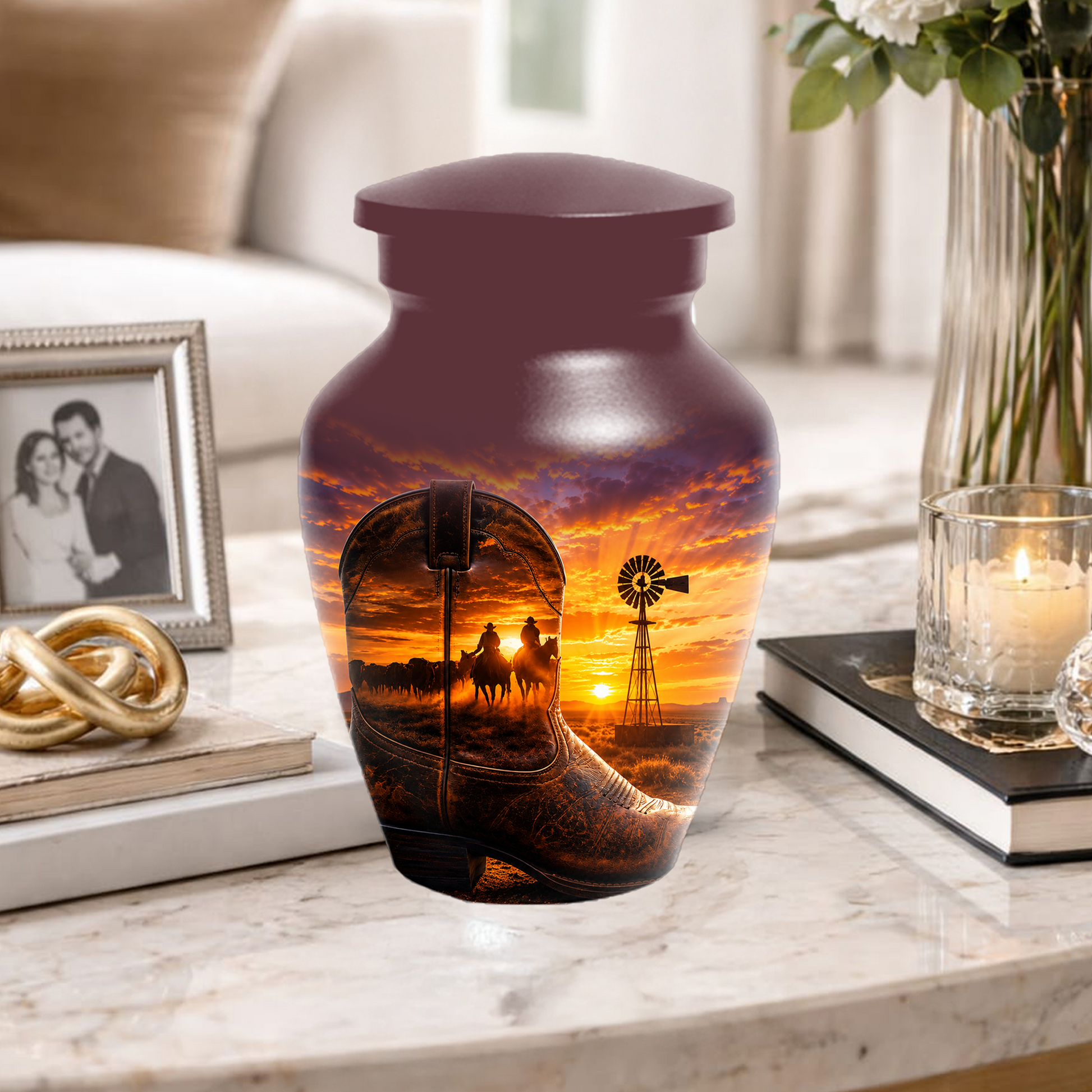 Cowboy Cremation Urn for Dad, Western Boot Memorial keepsake Urns for Ashes