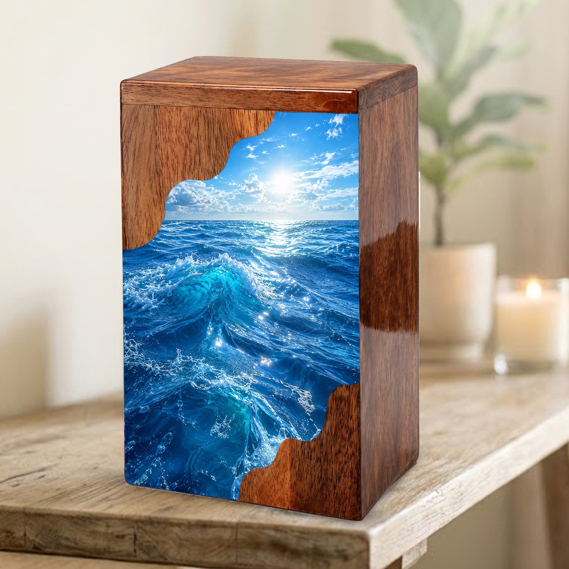 Ocean Wave Wooden Cremation Urn – Wooden Urn for Human Ashes