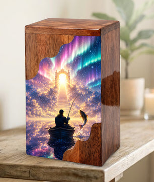 Northern Lights Fishing Wooden Cremation Urn – Personalized Memorial Urn for Human Ashes