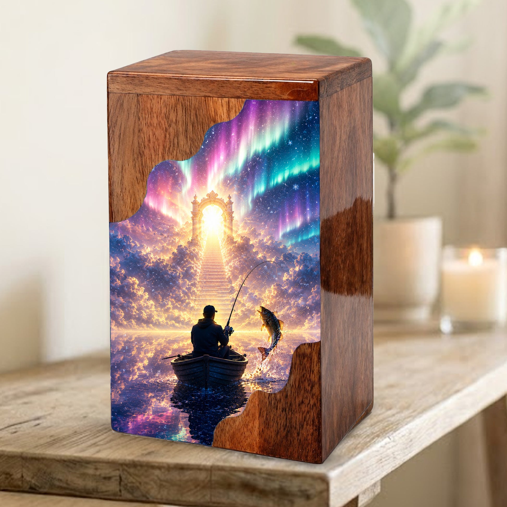 Northern Lights Fishing Wooden Cremation Urn – Personalized Memorial Urn for Human Ashes
