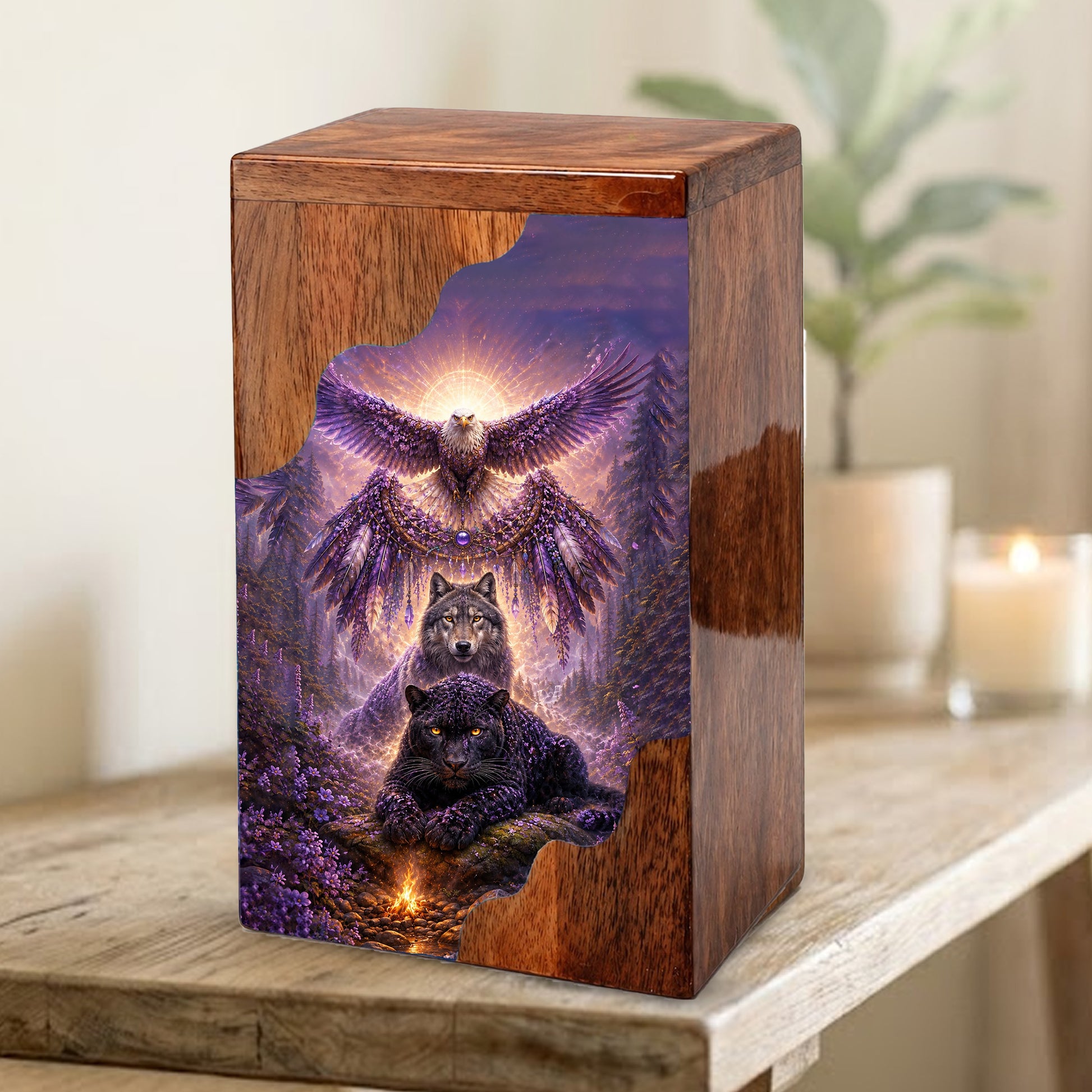 Wildlife Wooden Cremation Urn for Human Ashes | Eagle Wolf Panther Memorial Urn