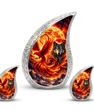 Wolf and Phoenix Urn for Human Ashes, Adult Cremation Urn with Fiery Phoenix and Black Wolf