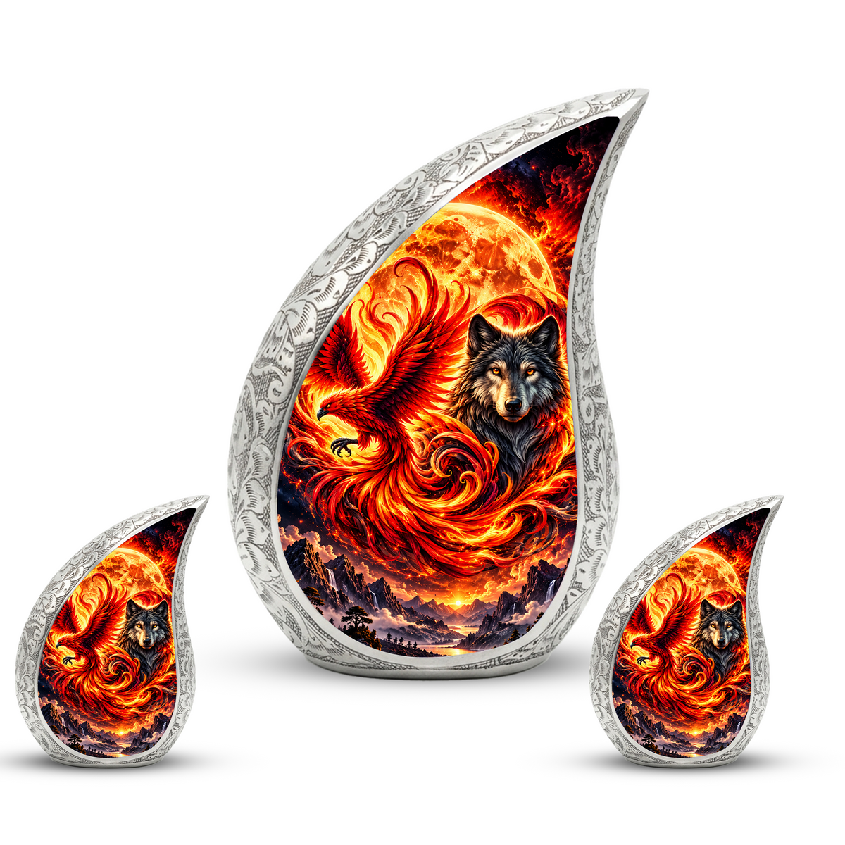 Wolf and Phoenix Urn for Human Ashes, Adult Cremation Urn with Fiery Phoenix and Black Wolf