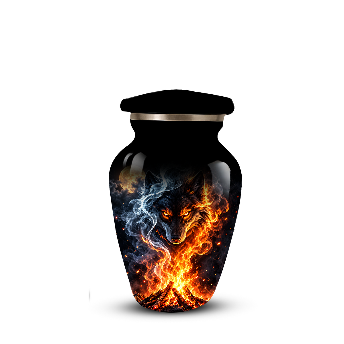 Personalized Adult Cremation Urn for Ashes, Fiery Wolf Memorial Urn, Black Wolf Cremation Urn