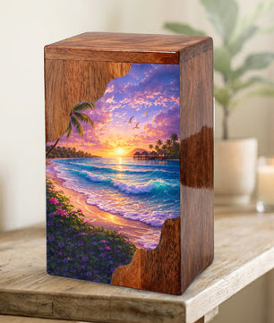Beach Wooden Cremation Urn – Ocean Sunset Memorial Urn with Tropical Coastal Design