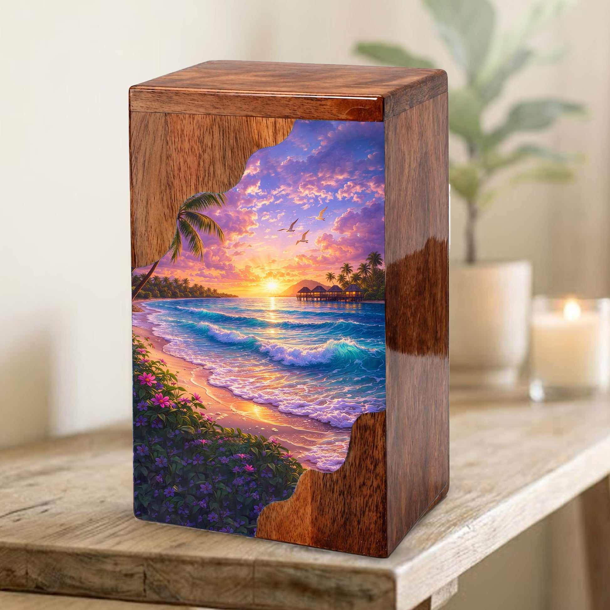 Beach Wooden Cremation Urn – Ocean Sunset Memorial Urn with Tropical Coastal Design