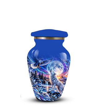Personalized Adult Cremation Urn for Ashes, Custom Wolf and Eagle Memorial Urn, Blue Moonlight Fantasy Wildlife Design