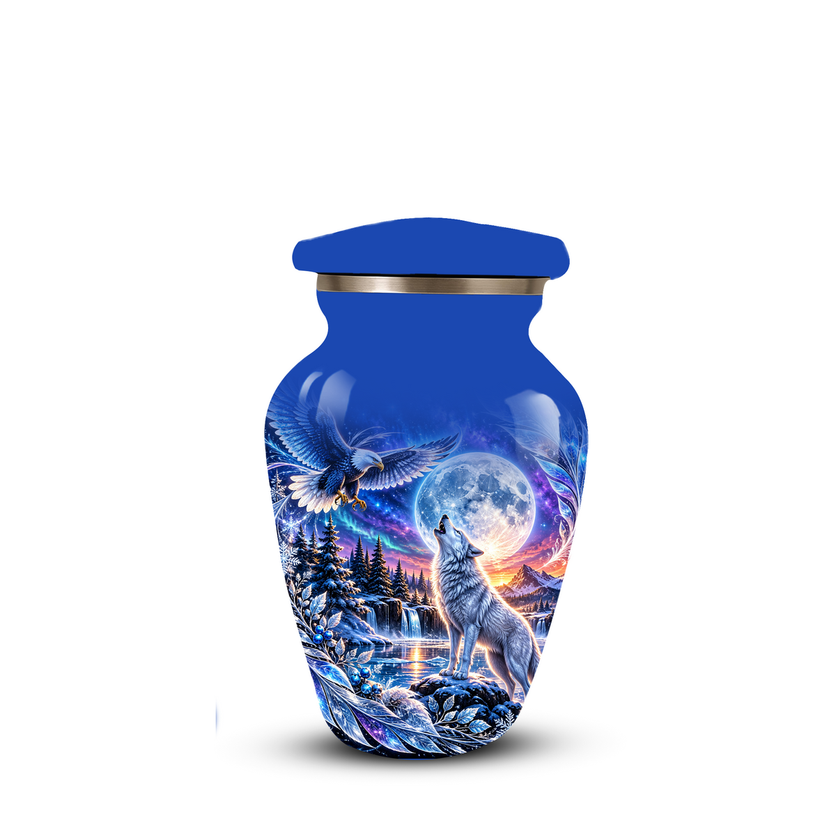 Personalized Adult Cremation Urn for Ashes, Custom Wolf and Eagle Memorial Urn, Blue Moonlight Fantasy Wildlife Design