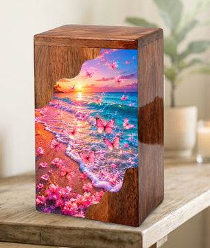 Pink Butterfly Beach Wooden Cremation Urn – Sunset Ocean Memorial Urn for Mom