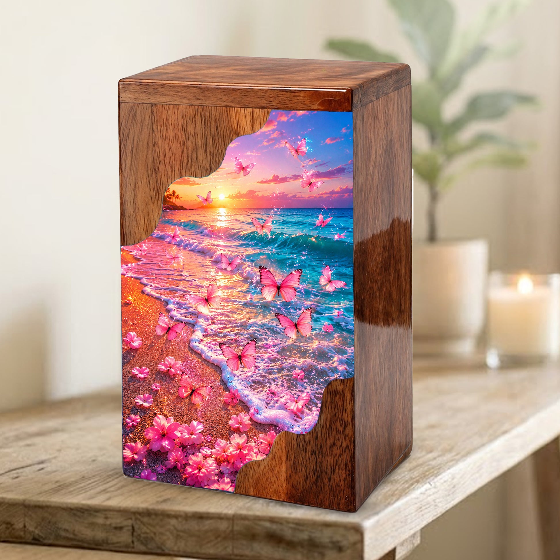 Pink Butterfly Beach Wooden Cremation Urn – Sunset Ocean Memorial Urn for Mom