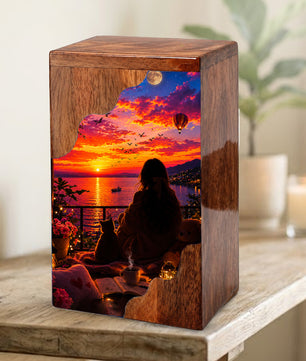 Sunset Balcony Wooden Cremation Urn – Peaceful Evening Memorial Urn with Ocean View Artwork