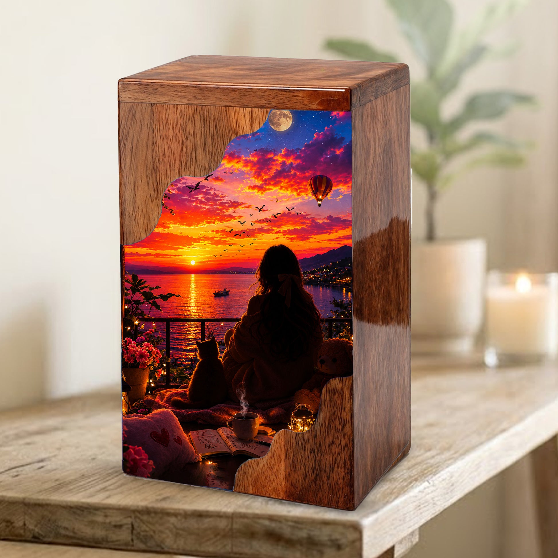 Sunset Balcony Wooden Cremation Urn – Peaceful Evening Memorial Urn with Ocean View Artwork